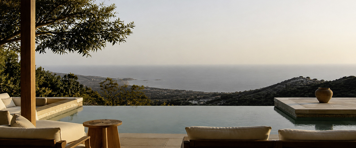 Ruhevolle Terrasse mit traumhaftem Blick aufs Meer.